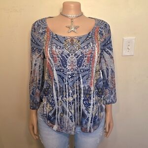 ☆ONE WORLD Blue Paisley Print Long Sleeve Top with Red Accents☆